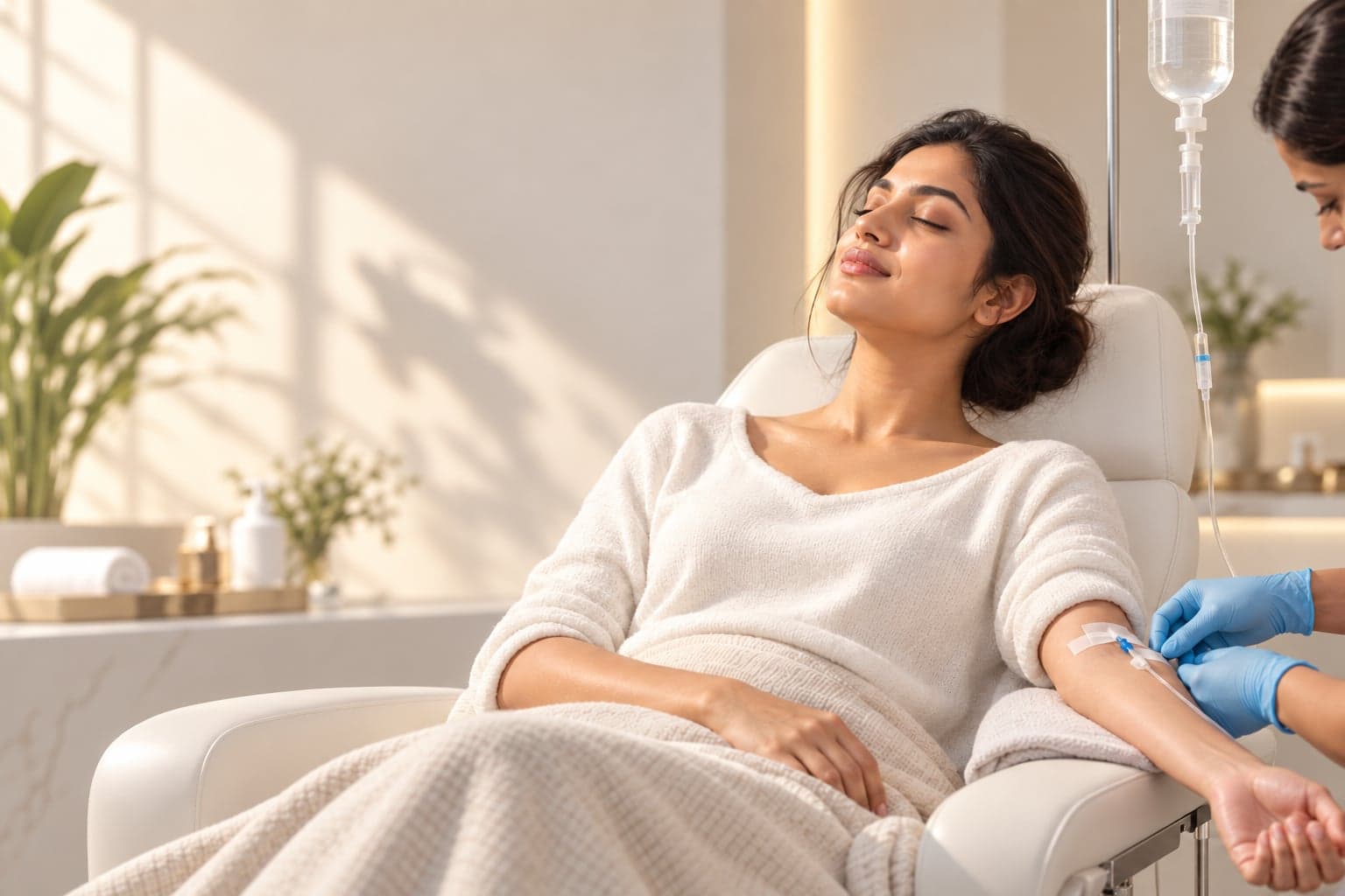 Woman reclining in a clinic chair receiving a glutathione IV drip while a nurse inserts the line
