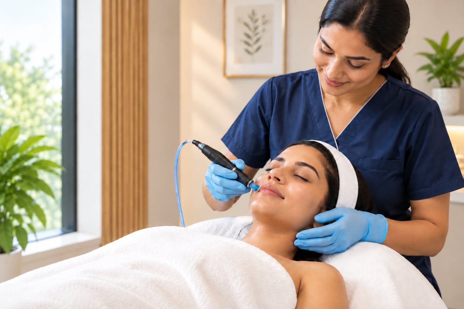 Therapist gliding a hydrafacial handpiece across a relaxed client's cheek in a bright clinic