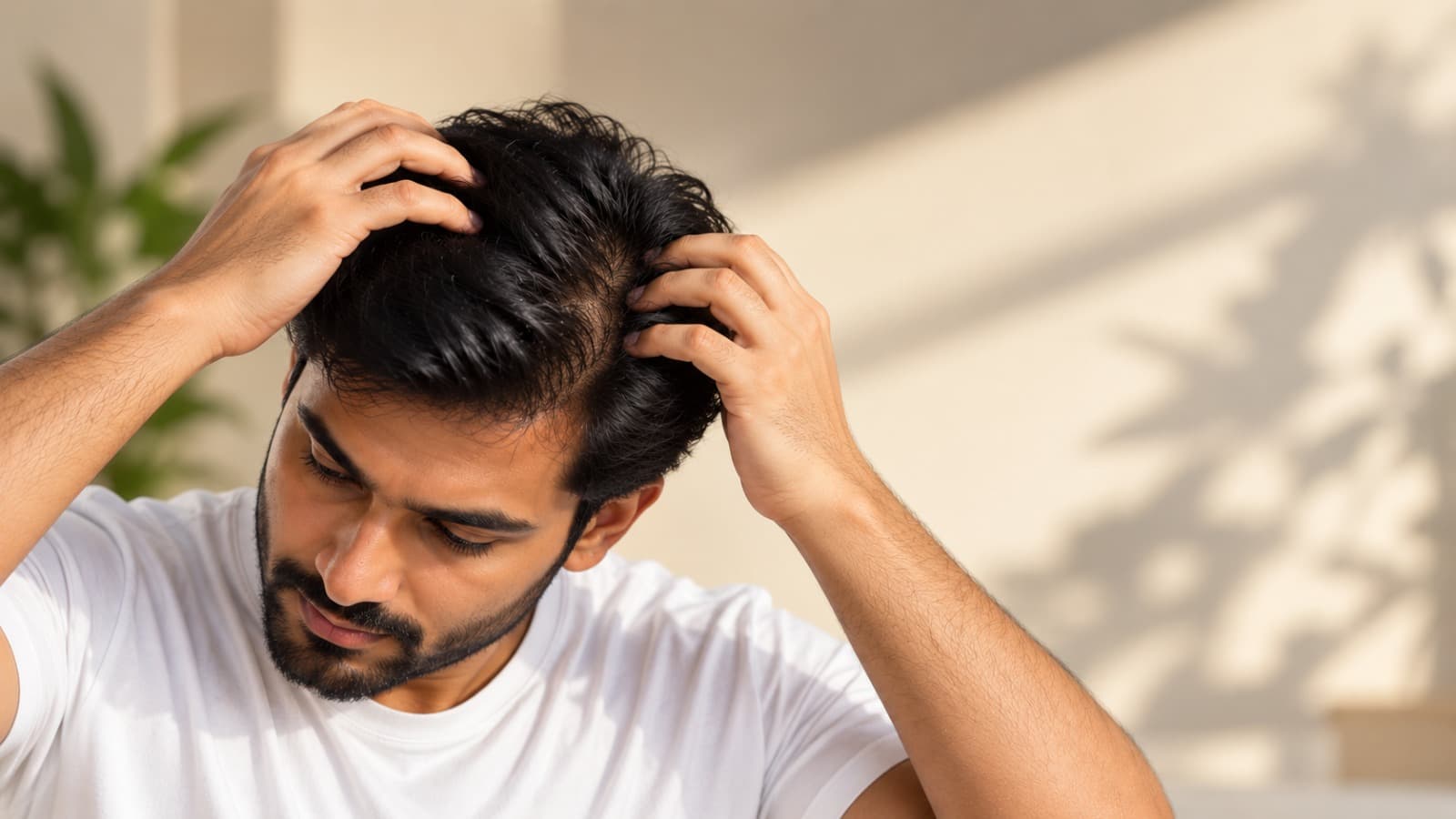 Man parting his hair with both hands to examine his scalp and hairline
